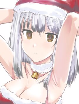 Rule 34 | 1girl, absurdres, armpits, arms up, bell, black hair, blunt bangs, breasts, brown eyes, choker, cleavage, collarbone, colored tips, commentary request, fur choker, grey hair, hat, highres, large breasts, looking at viewer, mashitono desu, medium hair, multicolored hair, neck bell, parted lips, red hat, santa costume, santa hat, satsuki yomi, simple background, solo, toji no miko, white background, white choker