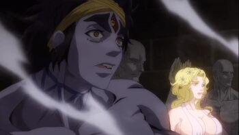 1boy animated animated_gif aphrodite_(shuumatsu_no_valkyrie) bandana black_hair black_tattoo blonde_hair blue_eyes breasts breasts_in_face cleavage collarbone colored_skin extra_eyes finger_tattoo huge_breasts male_focus multiple_eyes muscular muscular_male pectorals purple_skin revealing_clothes shirtless_male shiva_(shuumatsu_no_valkyrie) short_hair shuumatsu_no_valkyrie sideways_glance tattoo teeth thick_eyebrows third_eye toned toned_male topless_female upper_body yellow_bandana yellow_eyes