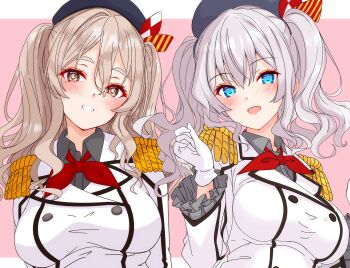 1girl beret blush breasts brown_eyes buttons cosplay double-breasted epaulettes frilled_sleeves frills gloves grey_hair hair_between_eyes hat highres jacket kantai_collection kashima_(kancolle) kashima_(kancolle)_(cosplay) large_breasts long_hair long_sleeves looking_at_viewer military military_jacket military_uniform miniskirt neckerchief nitamako_(sakamalh) open_mouth pink_background pleated_skirt pola_(kancolle) red_neckerchief skirt smile solo wavy_hair white_gloves white_jacket
