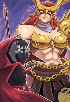 1boy 1girl abs absurdres angela_(marvel) armor bodypaint bodysuit breasts cape chain cleavage crossover demon glowing glowing_eyes green_eyes hebinalmeog highres image_comics large_breasts long_hair looking_at_viewer marvel marvel_rivals mask metal_bra muscular muscular_female navel red_hair scar scar_on_stomach spawn_(comic) spawn_(spawn) superhero_costume thor_(marvel)_(series) weapon