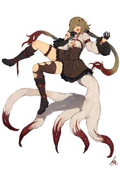 1girl :d arm_strap black_boots black_gloves blush boots breasts brown_eyes brown_skirt brown_thighhighs cleavage clothing_cutout commentary_request cross-laced_clothes diamond_cutout fang frilled_skirt frills full_body gloves grey_shirt half_gloves heterochromia high-waist_skirt highres knee_boots lansane long_hair long_sleeves looking_at_viewer low_twintails medium_breasts monster_girl multicolored_hair open_mouth orange_eyes original pink_eyes red_hair revision shirt simple_background single_thighhigh skin_fang skirt smile solo tareme thigh_strap thighhighs twintails two-tone_hair vararia_(lansane) very_long_hair white_background