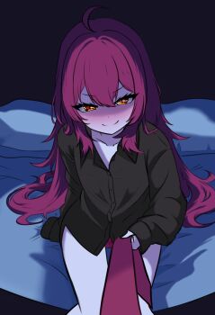 1girl absurdres bedroom black_shirt blush cuteandfunny electroid highres long_hair mesugaki necktie no_bra original oversized_clothes panties pulling_another&#039;s_clothes red_eyes red_hair red_panties shirt smug underwear