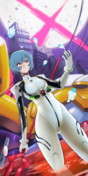 1girl absurdres ayanami_rei blue_hair bodysuit breasts cowboy_shot curvy david_calderon dutch_angle eva_00 hair_between_eyes highres holding holding_lance holding_polearm holding_weapon interface_headset_(evangelion) lance lance_of_longinus_(evangelion) lcl mecha_pilot_suit multiple_girls multiple_persona neon_genesis_evangelion outdoors parted_lips plugsuit_(evangelion) polearm red_eyes shiny_clothes short_hair skin_tight solo weapon white_bodysuit wide_hips