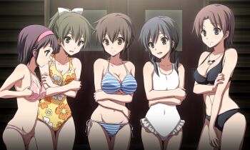 Rule 34 | 5girls, bikini, black bikini, breasts, brown eyes, brown hair, casual one-piece swimsuit, cleavage, corpse party, earrings, game cg, hair ornament, hair ribbon, hairband, highres, jewelry, kirisaki touko, large breasts, medium breasts, mochida yuka, multiple girls, nakashima naomi, navel, necklace, non-web source, one-piece swimsuit, open mouth, oversized clothes, ribbon, self-datamine, shinozaki ayumi, shishido yui, short hair, short twintails, side-tie bikini bottom, small breasts, striped bikini, striped clothes, swimsuit, twintails, underboob, white ribbon