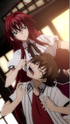 Rule 34 | 1boy, 1girl, annoyed, breasts, brown hair, closed eyes, femdom, green eyes, hand on own hip, high school dxd, highres, hyoudou issei, large breasts, legs, long hair, looking down, pinching, red hair, rias gremory, school uniform, shirt, short hair, skirt, stitched, tears, teeth, thighs, third-party edit, very long hair