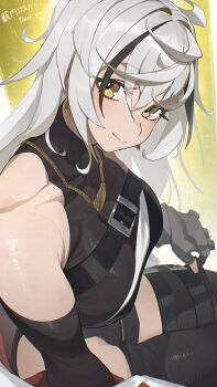 Rule 34 | 1girl, belt, black shirt, breasts, chest belt, commentary request, commission, earrings, gloves, hair between eyes, hata4564, highres, indie virtual youtuber, jewelry, large breasts, light smile, long hair, looking at viewer, necklace, shirt, sitting, skeb commission, skin tight, sleeveless, sleeveless shirt, solo, thigh belt, thigh strap, turtleneck, turtleneck shirt, white hair, yabuuchi panda, yellow eyes