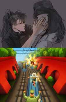 Rule 34 | 1boy, 1girl, absurdres, black hair, black robe, black tunic, brother and sister, commentary, english commentary, hand on another's face, high ponytail, highres, idiot sandwich (meme), logicsterrr, long hair, looking at another, meme, narrowed eyes, ponytail, rain (shadow slave), robe, screenshot inset, shadow slave, siblings, subway surfers, sunny (shadow slave), tunic, upper body