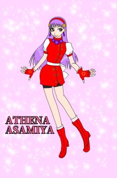 1girl asamiya_athena boots brown_eyes dress earrings gloves hairband jewelry long_hair pale_skin purple_hair shoes skirt smile standing star_(symbol) the_king_of_fighters yukari_nesan