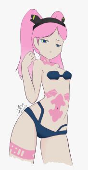 1girl absurdres artificial_eye bad_source bikini blue_eyes bra breasts cyberpunk fbi-chan headpiece highres leg_tattoo long_hair meme navel neck_tattoo panties pink_hair pink_tattoo pout signature small_breasts solo stomach_tattoo swimsuit tattoo twintails underwear vi white_background yellow_eyes