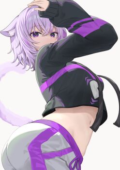 1girl absurdres animal_ears arm_up ass breasts cat_ears cat_girl cat_tail colored_eyelashes cropped_hoodie exercising food_print from_side hair_between_eyes highres hololive hood hoodie looking_at_viewer medium_breasts medium_hair midriff navel nekomata_okayu onigiri_print pants purple_eyes purple_hair solo sweatpants tail upper_body virtual_youtuber white_background zone_bell_nyan