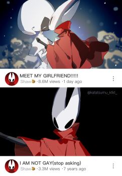 2girls arthropod_girl black_eyes black_skin cloak colored_skin highres hollow_eyes hollow_knight hollow_knight:_silksong horned_mask hornet_(hollow_knight) horns katatsumuririri kiss lace_(hollow_knight) looking_at_viewer mask multiple_girls red_cloak standing white_mask youtube yuri