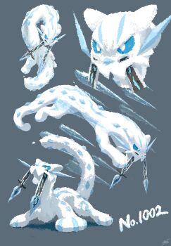 animal_hands blue_sclera bright_pupils broken broken_sword broken_weapon chien-pao colored_sclera commentary_request ewokakukaede fang highres ice icicle nintendo open_mouth pokemon pokemon_(creature) pokemon_focus pokemon_sv snow_leopard sword tail tusks weapon weasel white_fur white_pupils