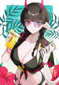 1girl au_ra bikini black_bikini black_hair blue_eyes border bracelet braid breasts cellphone cleavage collarbone commentary cup disposable_cup dragon_girl dragon_horns dragon_tail drink drinking_straw final_fantasy final_fantasy_xiv flower food fruit gradient_horns hawaiian_shirt heterochromia highres holding holding_drink holding_phone horns inset_border jewelry juice large_breasts lemonade lime_(fruit) lime_slice long_hair looking_at_viewer multicolored_hair multicolored_horns multiple_horns navel nns_ff14 ocean phone pink_horns pink_nails red_eyes scales shirt smartphone smile solo standing stomach streaked_hair sunglasses swimsuit tail tied_shirt tinted_eyewear twin_braids warrior_of_light_(ff14) white_border white_horns