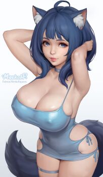 1girl absurdres ahoge alternate_breast_size_(larger) animal_ears armpits arms_up artist_name blue_dress blue_eyes blue_hair breasts cleavage closed_mouth covered_erect_nipples cowboy_shot dress highres huge_breasts looking_at_viewer make_heroine_ga_oo_sugiru! meekohopanes no_bra patreon_username simple_background smile solo tail white_background yanami_anna