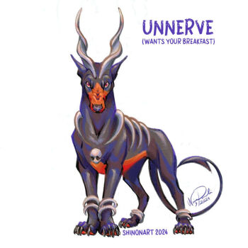 animal_focus artist_name bone closed_mouth commentary dated dobermann dog english_commentary english_text full_body gen_2_pokemon houndoom nintendo no_humans pokemon pokemon_(creature) pokemon_move red_eyes shadeofshinon signature simple_background solo standing white_background