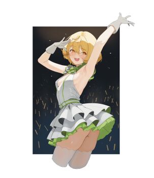 1girl absurdres arm_up armpits blush breasts cheering clio_aite concert dark_bear_lab dress frills gloves highres idol open_mouth phase_connect scar scar_across_eye scar_on_face short_hair sleeveless small_breasts smile spotlight stage thighhighs thighs virtual_youtuber