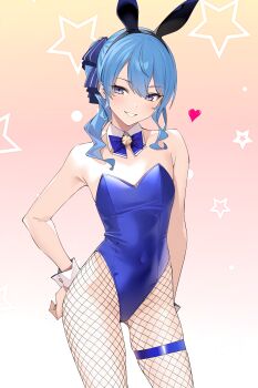 1girl absurdres animal_ear_hairband animal_ears bare_shoulders blue_bow blue_bowtie blue_eyes blue_hair blue_leotard blue_ribbon blush bow bowtie contrapposto covered_navel detached_collar fake_animal_ears fishnet_pantyhose fishnets flat_chest gradient_background hair_between_eyes hair_ribbon hairband hand_on_own_hip heart highleg highleg_leotard highres hololive hoshimachi_suisei leotard long_hair looking_at_viewer pantyhose parted_lips playboy_bunny rabbit_ear_hairband rabbit_ears ribbon side_ponytail skindentation smile solo star_(symbol) star_in_eye star_symbol_background strapless strapless_leotard symbol_in_eye thigh_strap thighs virtual_youtuber wrist_cuffs xiehou_nangong