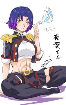 abs boots commentary commentary_request crop_top crossed_legs ezo_yakumo highres looking_at_viewer mato_seihei_no_slave military_uniform miniskirt multicolored_hair navel red_eyes short_hair simple_background sitting skirt streaked_hair tamura_masafumi thigh_boots translation_request white_background