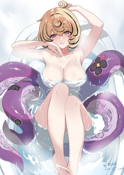 1girl absurdres areola_slip artist_name barefoot bathtub black_hair blonde_hair breasts commentary_request completely_nude dated feet highres kkkula_(kula) large_breasts mole mole_under_mouth monster_girl multicolored_hair nude paid_reward_available purple_eyes scylla solo streaked_hair tentacle_girl tentacle_tail tentacles toes two-tone_hair yidhari_murphy zenless_zone_zero