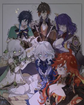 ... 2boys 4girls absurdres ahoge antenna_hair armor artist_name biker_clothes bikesuit black_suit blue_eyes blue_hair blue_suit blunt_bangs bodysuit bow bowtie bracelet braid breasts brown_hair brown_suit capelet chinese_clothes chinese_commentary cleavage closed_mouth clothing_cutout collared_shirt dark_room detached_sleeves dress fan_hair_ornament flower flower_ornament formal_clothes friends furina_(genshin_impact) genshin_impact glowing glowing_eyes gradient_hair green_capelet green_eyes hair_between_eyes hair_ornament head_tilt heterochromia highres huge_ahoge japanese_armor japanese_clothes jewelry kimono large_breasts leaning_back leaning_forward leaning_to_the_side long_braid long_hair long_sleeves looking_at_viewer looking_to_the_side mavuika_(genshin_impact) mitsudomoe_(shape) multicolored_hair multiple_boys multiple_girls nahida_(genshin_impact) neck_ribbon necktie off_shoulder purple_eyes purple_flower purple_hair purple_kimono raiden_shogun red_eyes red_hair red_ribbon ribbon seiza shade shadow shirt short_hair short_sleeves shorts shoulder_armor shoulder_cutout side_braids side_ponytail single_braid sitting sparkle speech_bubble standing streaked_hair suit thighs tomoe_(symbol) venti_(genshin_impact) wavy_hair white_background white_hair yellow_eyes zhongli_(genshin_impact) zhongvenyyds
