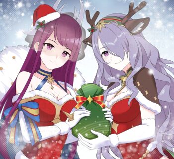 2girls animal_ears antlers bag breasts brown_capelet camilla_(fire_emblem) camilla_(flurry_embrace)_(fire_emblem) capelet christmas cleavage closed_mouth commentary_request deer_ears dress elbow_gloves fake_animal_ears fake_antlers fire_emblem fire_emblem_engage fire_emblem_fates fire_emblem_heroes gift_bag gloves hair_over_one_eye hat highres holding holding_bag horns ivy_(fire_emblem) ivy_(flurry_embrace)_(fire_emblem) komurice long_hair medium_breasts multiple_girls nintendo official_alternate_costume purple_eyes purple_hair red_dress red_hat reindeer_antlers santa_costume santa_dress santa_hat smile very_long_hair white_gloves
