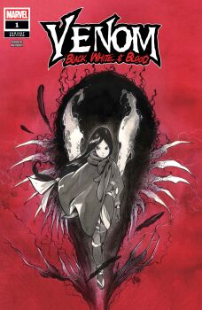 1boy 1girl absurdres character_name cloak comic_cover copyright_logo copyright_name cover cover_page demon_days_(marvel) english_text fingerless_gloves gloves greyscale_with_colored_background highres japanese_clothes kimono logo long_hair looking_to_the_side low-tied_long_hair marvel monster_boy official_art parental_advisory peach_momoko psylocke psylocke_(sai) red_background sharp_teeth tabi teeth venom_(marvel)