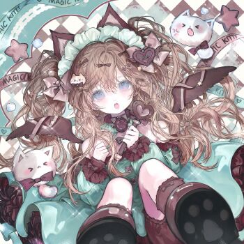 Rule 34 | 1girl, animal ears, argyle background, blue eyes, blush, bow, brown hair, cat, cat ears, dress, hair bow, hair ornament, heart, highres, holding, holding wand, long hair, looking at viewer, open mouth, original, solo, star (symbol), wand, wings, wuyu16