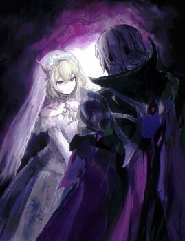 303owo303 bandages blonde_hair cloak darkness dress flower genshin_impact highres long_hair purple_cloak rerir_(genshin_impact) short_hair smile tholindis_(genshin_impact) wedding white_dress white_hair