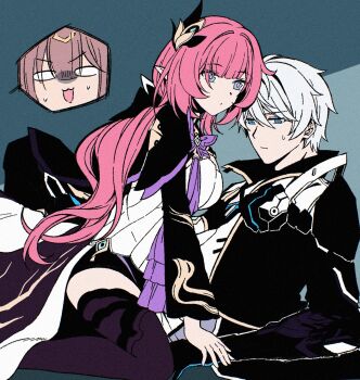 Rule 34 | 1boy, 2girls, black boots, black coat, black shorts, black shrug, blue eyes, boots, breasts, brown hair, cape, chinese commentary, coat, commentary request, corset, elf, elysia (honkai impact), elysia (miss pink elf) (honkai impact), empty eyes, girl on top, hair ornament, hetero, highres, honkai (series), honkai impact 3rd, kevin kaslana, large breasts, multiple girls, pardofelis, pink hair, pointy ears, shirt, short shorts, shorts, shrug (clothing), star (zhongyan88528), thighs, white corset, white hair, white shirt