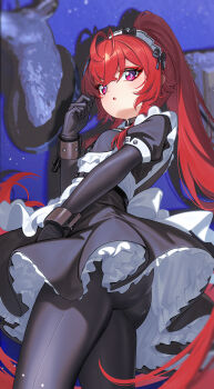 Rule 34 | 1girl, absurdres, black bodysuit, bodysuit, bodysuit under clothes, breasts, commentary, dango (dango remi), dango remi, dress, frilled dress, frills, highres, long hair, looking at viewer, maid, original, ponytail, purple eyes, red hair, small breasts, solo, standing, very long hair