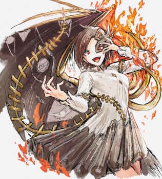 1girl arm_up black_skirt brown_hair buttons commentary_request cropped_legs diamond_button fingernails fire grey_background hisona_(suaritesumi) iwanaga_ariya long_sleeves looking_at_viewer magic open_mouth pleated_skirt pyrokinesis red_eyes shirt short_hair simple_background skirt solo standing touhou white_shirt