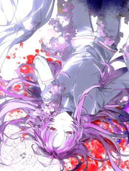 Rule 34 | 1boy, blood, blood splatter, chinese commentary, chuanchayinlris, closed mouth, colored skin, commentary, expressionless, flower, hatsutori hajime, highres, jacket, long hair, long sleeves, looking at viewer, lying, male focus, on back, pants, pink flower, pink hair, procreate (medium), red eyes, saibou shinkyoku, solo, upside-down, variant set, very long hair, white jacket, white pants, white skin