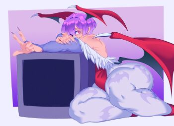 1girl closed_mouth covered_navel crt darkstalkers demon_girl demon_wings eyebrows_hidden_by_hair fingernails from_side hair_between_eyes hair_over_one_eye head_wings highres leaning_on_object leotard lilith_(darkstalkers) long_fingernails looking_at_viewer low_wings pantyhose purple_hair purple_pantyhose red_eyes red_leotard short_hair smile solo techfuzz television thick_thighs thighs wide_hips wings