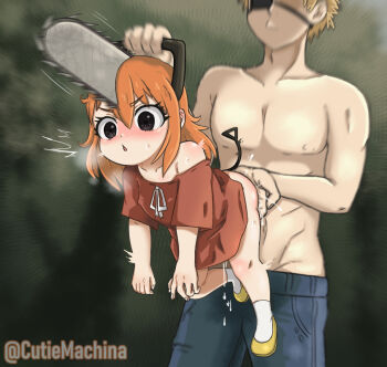 1boy 1girl :o age_difference black_eyes blonde_hair blush chainsaw chainsaw_man cutiemachina denji_(chainsaw_man) eyepatch fingering hetero humanization implied_fingering loli orange_hair pants personification pochita_(chainsaw_man) red_shirt shirt socks standing twitter_username white_socks