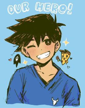 1boy antenna_hair black_eyes blue_background blue_sweater brown_hair collarbone commentary dark-skinned_male dark_skin ear_piercing english_commentary food grin heart hero_(faraway)_(omori) hero_(omori) highres looking_at_viewer male_focus omocat omori one_eye_closed piercing pizza pizza_slice short_hair simple_background sketch smile solo something_(omori) sparkle sweater teeth upper_body