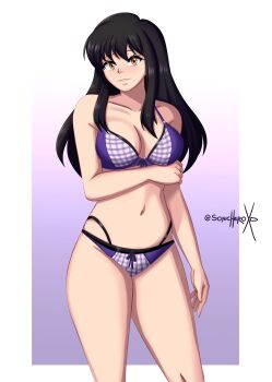 1girl absurdres arm_across_chest arm_under_breasts astrid_(fire_emblem) bare_arms bare_legs bare_shoulders bikini black_hair breasts cleavage collarbone commentary commission commissioner_upload cowboy_shot english_commentary fire_emblem fire_emblem:_path_of_radiance fire_emblem:_radiant_dawn highres large_breasts looking_at_viewer navel nervous nintendo orange_eyes purple_bikini solo sonicheroxd stomach swimsuit thighs