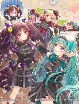 3girls arane_(z/x) black_dress black_hair black_hairband blonde_hair cana_(z/x) chibi clock closed_mouth copyright_notice dress dressing_room drill_hair enju_(z/x) feathered_wings feathers flower green_feathers green_hair green_wings hair_flower hair_ornament hairband hat idol_clothes image_in_thought_bubble indoors long_hair mini_hat multiple_girls official_art open_mouth outstretched_arms plastic_bottle pom_pom_(clothes) pom_pom_hair_ornament purple_eyes red_eyes rose serino_itsuki smile sparkle spread_arms star_(symbol) turn_pale twin_drills two_side_up wall_clock wings yellow_eyes yellow_flower yellow_rose z/x
