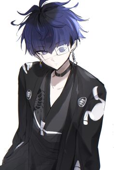 Rule 34 | 1boy, belt collar, black collar, black hair, black hakama, black haori, black kimono, blue eyes, blue hair, chin piercing, closed mouth, collar, collarbone, cowboy shot, earrings, expressionless, eyepatch, face piercing, facepaint, fishicon, hair between eyes, hakama, haori, highres, japanese clothes, jewelry, kimono, long sleeves, male focus, mismatched earrings, multicolored hair, omokage yugamu, piercing, print eyepatch, print haori, roots (hair), short hair, simple background, solo, the hundred line -last defense academy-, two-tone hair, white background