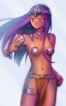 1girl alternate_costume bare_shoulders blush bracelet breasts card circlet cosplay dancer dancer&#039;s_costume_(dq) dark-skinned_female dark_skin dragon_quest dragon_quest_iv earrings forehead_jewel frown gem green_gemstone hands_up holding holding_card jewelry loincloth long_hair medium_breasts metal_bikini metal_bra minea_(dq4) moon_setuna multiple_bracelets navel neck_ring orange_loincloth purple_hair silver_circlet solo sweatdrop v-shaped_eyebrows