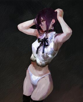 1girl absurdres arms_up black_choker black_thighhighs brush_stroke burnt_clothes chainsaw_man choker closed_mouth collared_shirt daodtt hashtag-only_commentary highres panties purple_hair reze_(chainsaw_man) shirt sleeveless sleeveless_shirt solo thighhighs traditional_media underwear white_panties white_shirt