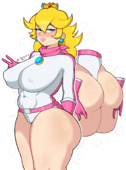1girl adapted_costume artist_name ass belt between_buttocks blonde_hair blue_eyes blush breasts covered_abs covered_erect_nipples covered_navel crown earrings gloves highres huge_ass huge_breasts jewelry leotard lips long_hair mario_(series) mario_kart mario_kart_wii mrmurkraig nintendo pink_gloves princess_peach scarf smile solo thick_thighs thighs v white_background white_leotard wide_hips