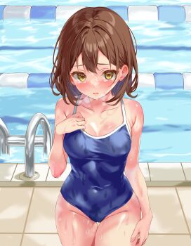 1girl absurdres blue_one-piece_swimsuit breasts brown_eyes brown_hair cleavage commission competition_school_swimsuit cowboy_shot heavy_breathing highres iwato_(celler) lane_line looking_at_viewer medium_breasts one-piece_swimsuit original pixiv_commission pool pool_ladder poolside school_swimsuit short_hair solo standing swimsuit wet wet_clothes wet_swimsuit