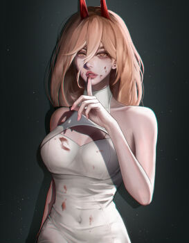 Rule 34 | 1girl, absurdres, blood, blood on face, breasts, chainsaw man, demon, demon horns, dress, fingernails, gradient background, hair between eyes, highres, horns, large breasts, long hair, looking at viewer, nervi fd, orange eyes, orange hair, parted lips, power (chainsaw man), sidelocks, sleeveless, sleeveless dress, solo, white dress