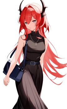 1girl absurdres arknights bag bare_arms bare_shoulders belt belt_buckle black_belt black_horns black_skirt black_sweater buckle closed_mouth commentary_request cowboy_shot cross cross_necklace grey_eyes hair_between_eyes handbag highres horns jewelry latin_cross long_hair long_skirt makaroni_(arknights4649) necklace red_hair ribbed_sweater simple_background skirt solo standing surtr_(arknights) sweater turtleneck turtleneck_sweater white_background