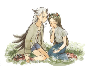 Rule 34 | 2girls, animal ears, bird legs, blouse, blue shorts, blue skirt, blush, brown hair, camisole, closed eyes, collarbone, commentary request, feather hair, flower, full body, grass, grey hair, grey robe, hair ornament, hairclip, hamster ears, hamster girl, hand to own mouth, head wreath, highres, kuramoto china, long hair, long skirt, looking at another, monster girl, monsterification, multiple girls, numaga06, on ground, open clothes, open mouth, open robe, orange eyes, owl ears, owl girl, parallel hairclips, parted bangs, pointy ears, robe, shinosawa hiro, shirt, shorts, sitting, skirt, smile, wariza, white camisole, white flower, white shirt, yokozuwari