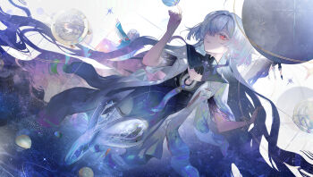 1girl absurdres colored_eyelashes commentary_request dress earrings grey_hair hair_over_one_eye hand_up highres id_card jacket jewelry long_hair mornye_(wuthering_waves) multiple_views parted_lips pomi_(poan_dan) purple_dress red_eyes see-through_body tacet_mark_(wuthering_waves) triangle_earrings white_jacket wuthering_waves