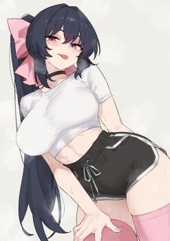 1girl :p absurdres black_choker black_hair black_shorts bluefield bow breasts choker crop_top dolphin_shorts hair_between_eyes hair_bow highres large_breasts long_hair looking_at_viewer midriff naughty_face noihara_himari omamori_himari pink_bow pink_thighhighs ponytail purple_eyes shirt short_shorts shorts solo thighhighs thighs tongue tongue_out very_long_hair white_shirt