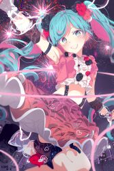 Rule 34 | 1girl, absurdres, arm strap, armpits, artist name, asami-chan, black footwear, black sleeves, blue hair, blush, crop top, detached sleeves, fireworks, floating hair, green eyes, grin, hatsune miku, highres, leg up, long hair, looking at viewer, midriff, miniskirt, multicolored hair, navel, outstretched arm, pink hair, pixiv logo, red skirt, skirt, smile, solo, stomach, suspenders, swept bangs, symbol-shaped pupils, twintails, twitter logo, two-tone hair, very long hair, vocaloid