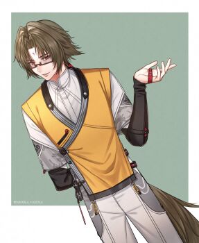 1boy arm_behind_back black_sleeves border brown_hair brown_tail chinese_clothes commentary_request facial_mark forehead_mark glasses green_background hair_intakes highres izuru03 jacket male_focus pants parted_bangs parted_lips red_eyes solo v-shaped_eyebrows white_border white_pants ye_shiyuan yellow_jacket zenless_zone_zero