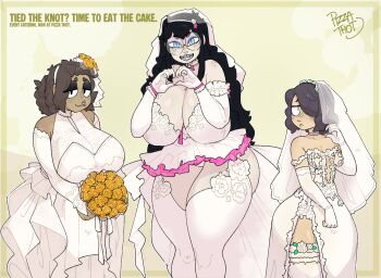 3girls bare_shoulders black_hair blue_eyes boss_(pizza_thot) bouquet breasts bridal_gauntlets bridal_veil brown_hair character_request choker cleavage cropped_legs dark-skinned_female dark_skin dress elbow_gloves face_piercing floral_print flower gats_(nougats) gloves hair_over_one_eye heart heart_hands highres holding holding_bouquet huge_breasts large_breasts long_hair looking_at_viewer medium_breasts microskirt miniskirt multiple_girls nose_piercing nose_ring panties pantyshot piercing pizza_thot see-through_clothes see-through_dress short_dress short_hair skirt smile standing strapless strapless_dress thighhighs tips_(pizza_thot) underwear veil wedding_dress white_choker white_dress white_gloves white_panties white_thighhighs